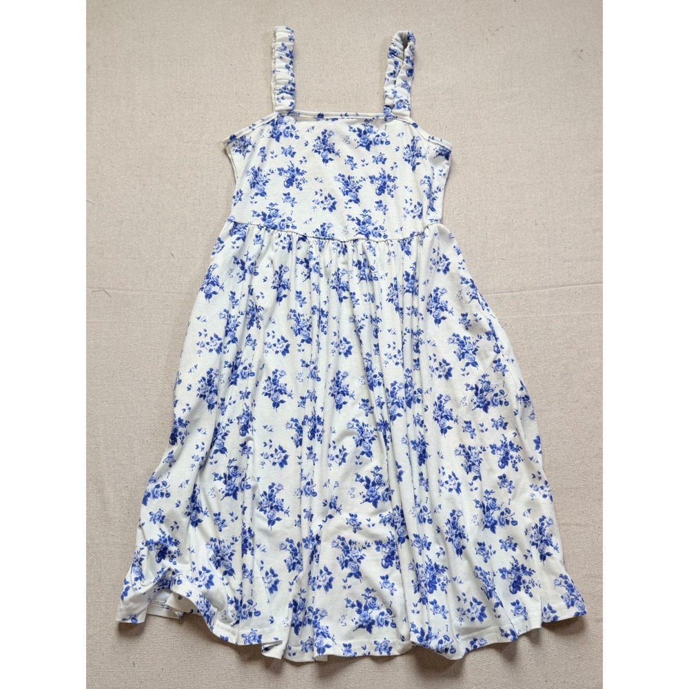 Hotouch Blue White Floral Sun Dress Elastic Straps Pockets Small Cottagecore